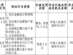 工商银行南阳分行被罚59.3万元：未按规定履行客户身份识别义务，占压财政资金等