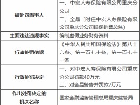 中宏人寿重庆分公司因编制虚假业务财务资料被罚40万元